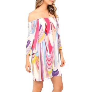 Trina Turk Amaris Rainbow Reflections Georgette Off-Shoulder Dress Size 8
